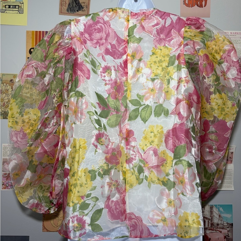Olivaceous Sheer Floral Puff-Sleeve Blouse in Pink, Yellow & Green - Picture 4 of 7
